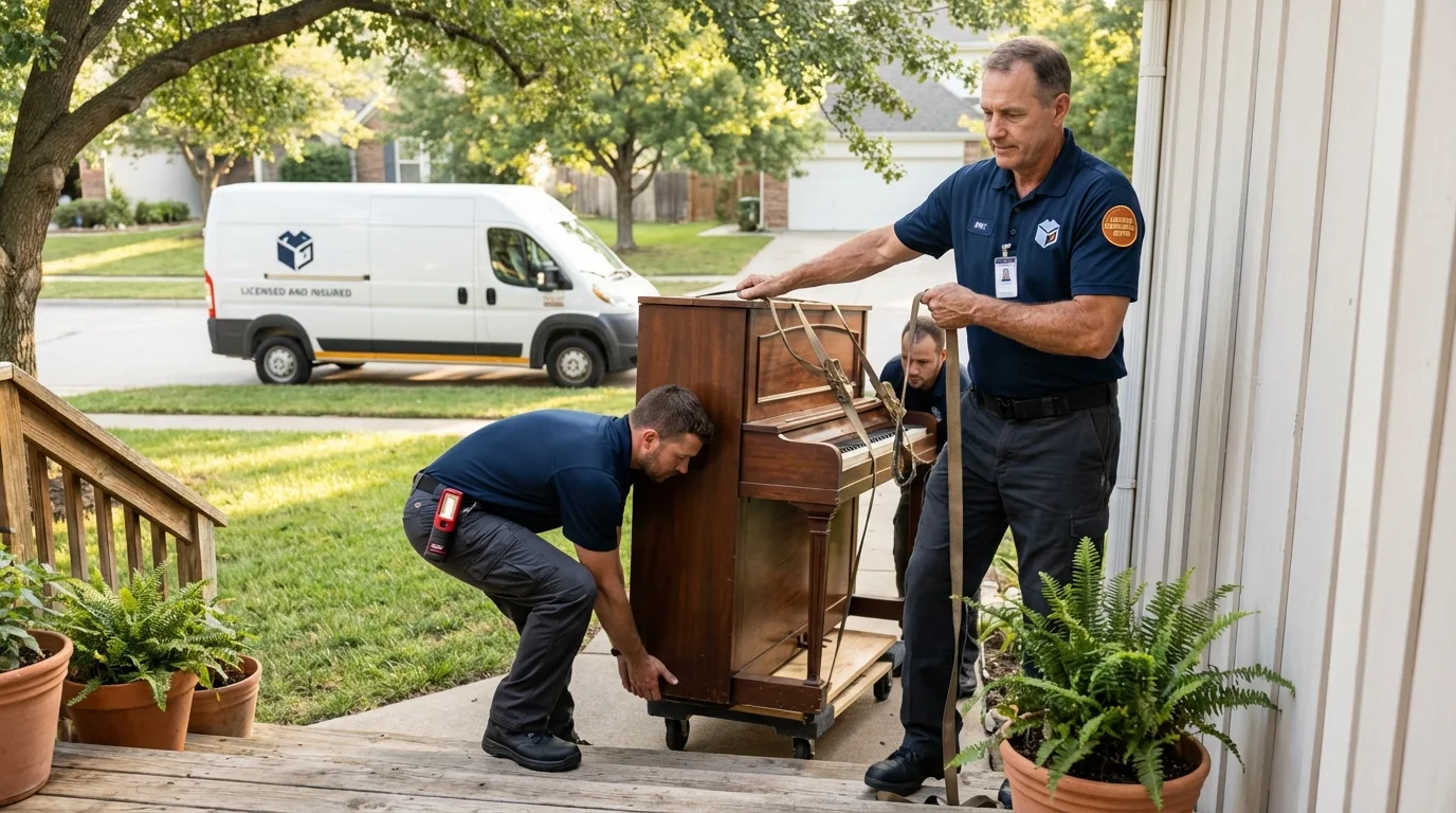 Licensed piano movers securing grand piano in Andalusia, IL