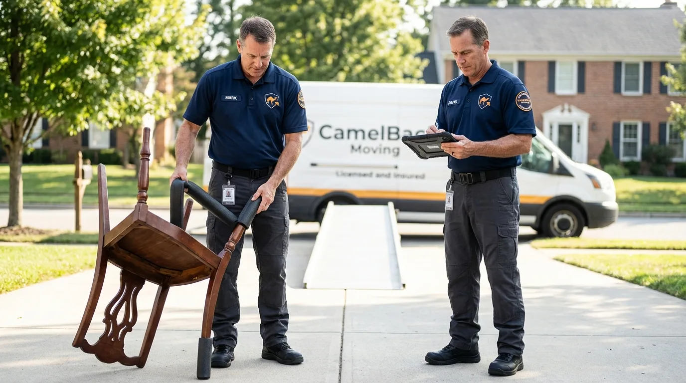 Movers inspecting furniture for damage prevention before loading in Andalusia, IL