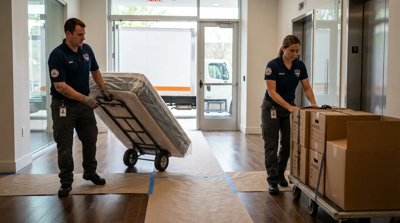 Professional apartment movers loading elevator in Andalusia, IL