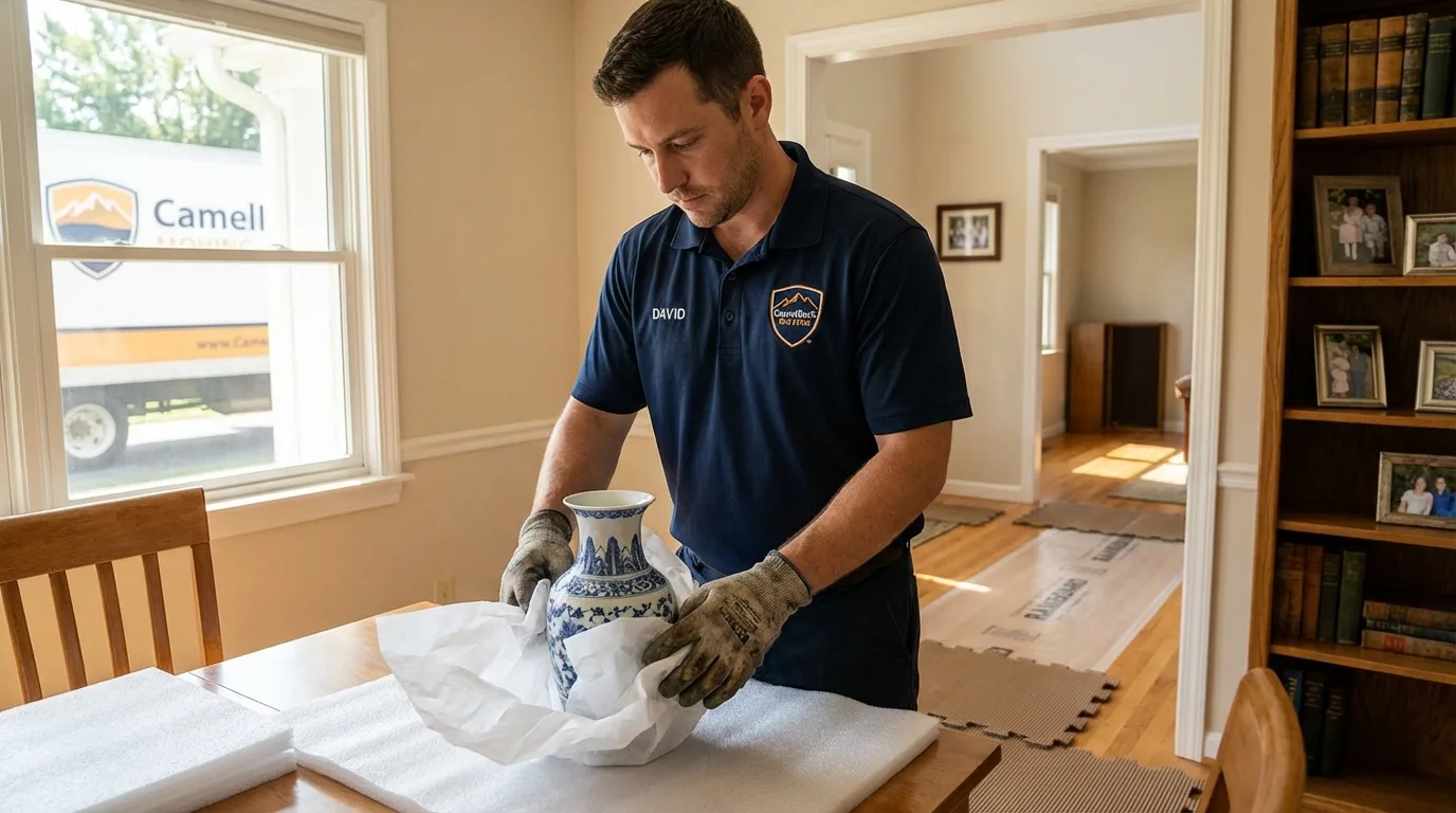 Professional crew carefully wrapping antique vase for senior downsizing move in Andalusia, IL
